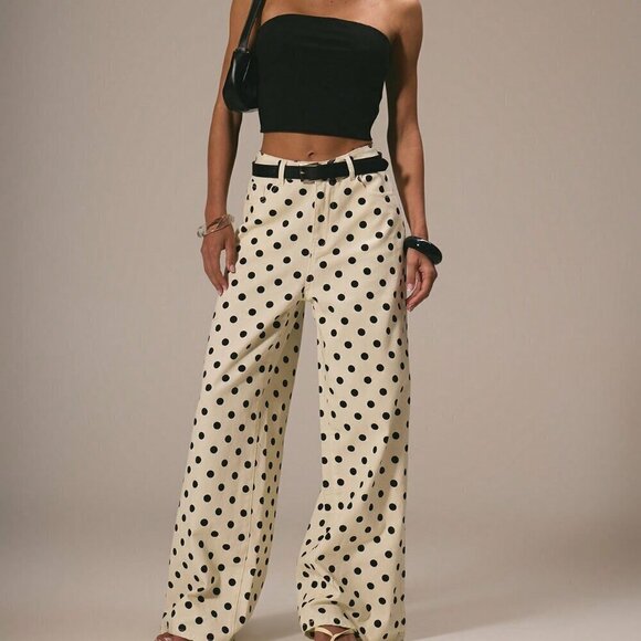 Denim - Beige Casual Women's Dainty Polka Dot Denim Straight Leg Mid Rise pants